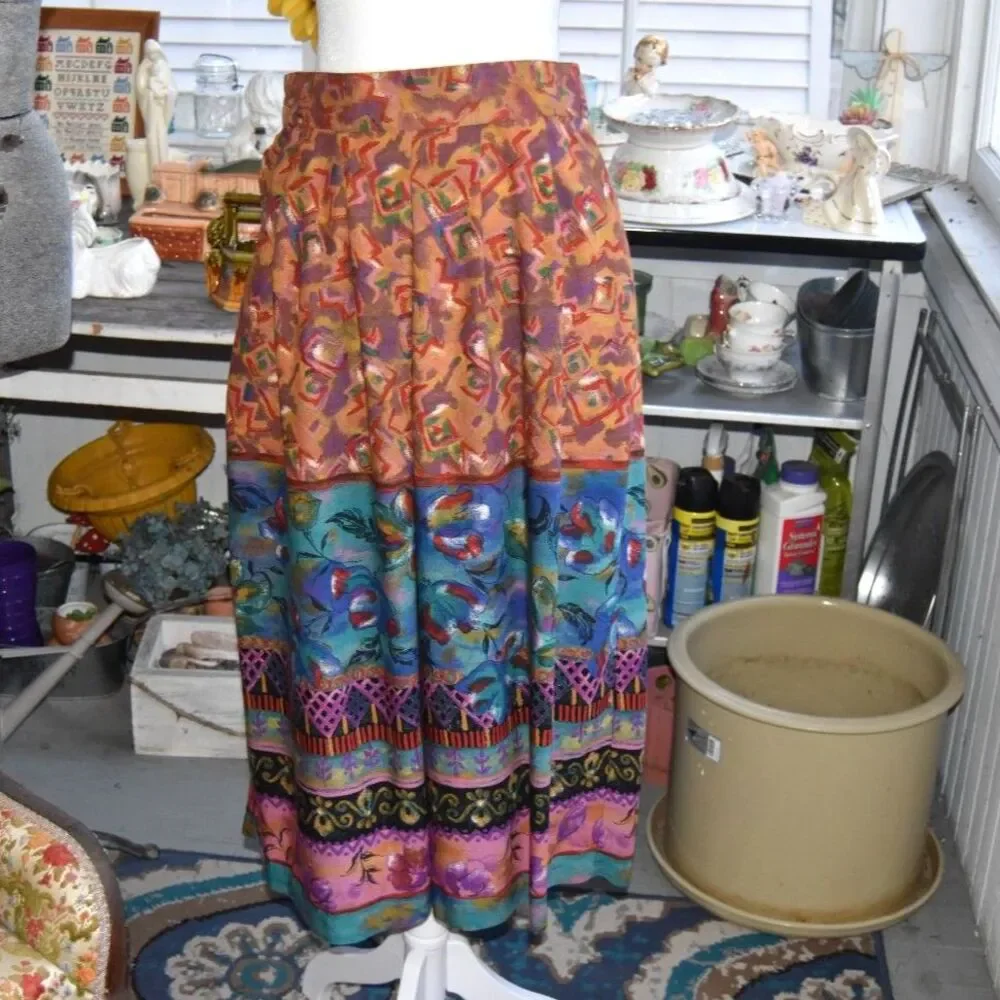 Vintage 90s Casual Corner Boho Scarf Print Midi Skirt High Waist Colorful Large